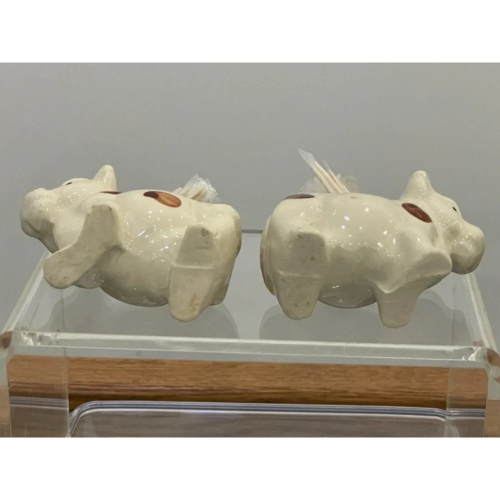 Cow Toothpick Holder Ceramic Vintage Set of 2 White Brown 3.25
